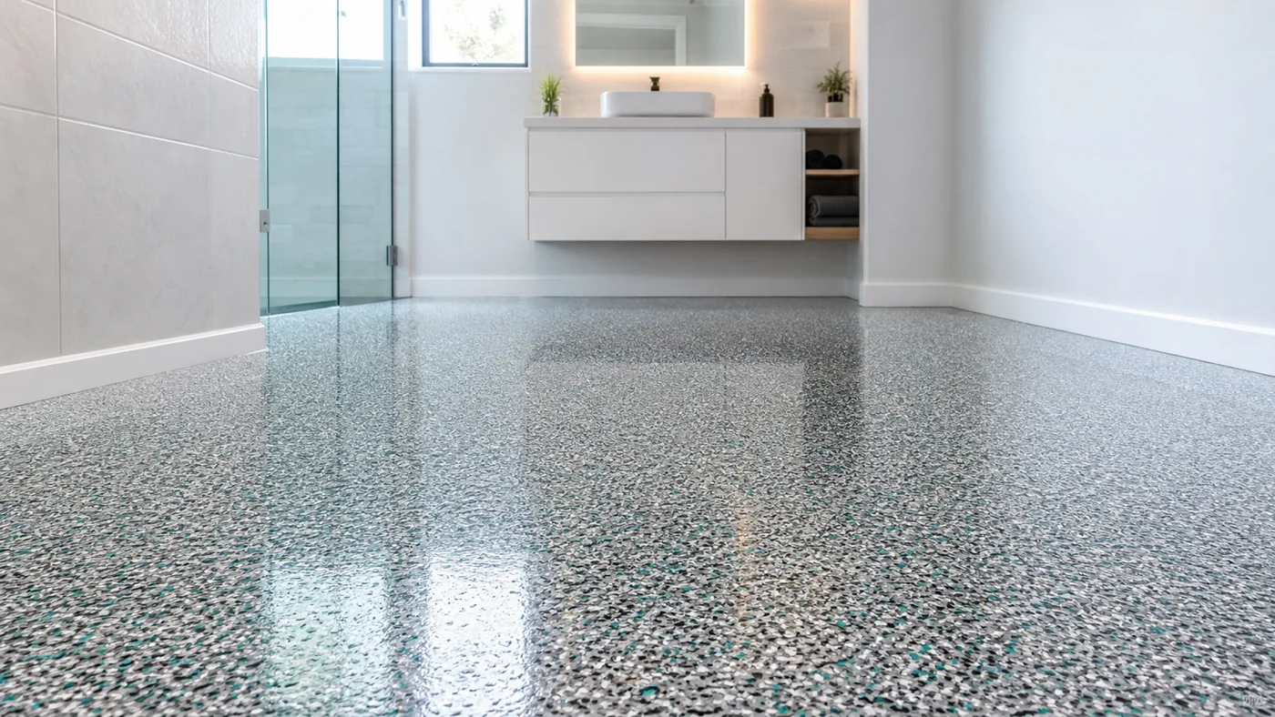 Stunning premium epoxy flakes floor in Kota Kinabalu by FLEKS