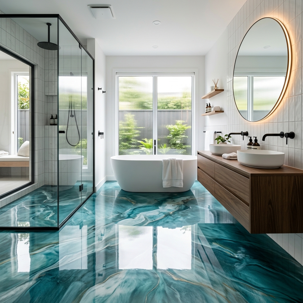 Stunning premium teal and white metallic epoxy floor